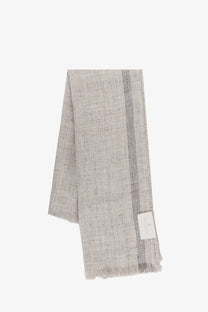 Brunello Cucinelli men’s grey linen scarf with subtle texture and darker vertical stripe finished with frayed ends