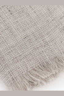 A soft light gray woven throw blanket with textured weave and natural fiber fringe for brunello cucinelli men’s linen scarf gray