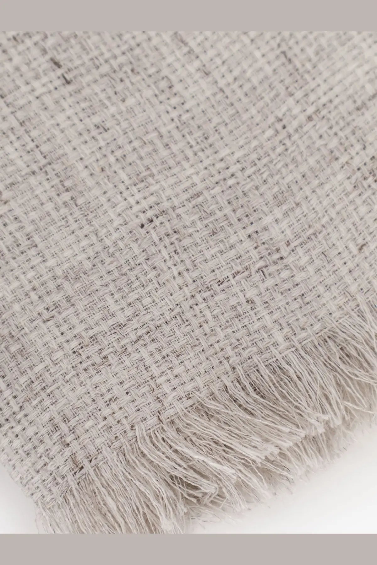 Brunello Cucinelli men’s linen scarf grey with soft light gray woven texture and natural fiber fringe