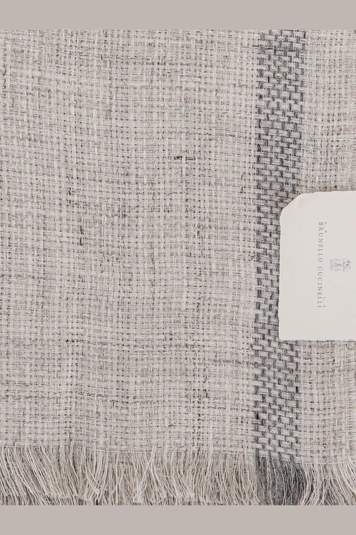 Brunello Cucinelli men’s linen scarf in light gray with textured plaid pattern and fringed edges