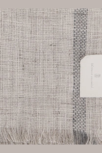 Brunello Cucinelli men’s linen scarf in light gray with a subtle plaid pattern and fringed edges