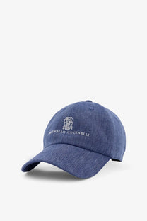 Brunello Cucinelli men’s blue denim baseball cap with white embroidered logo and linen virgin wool blend materials