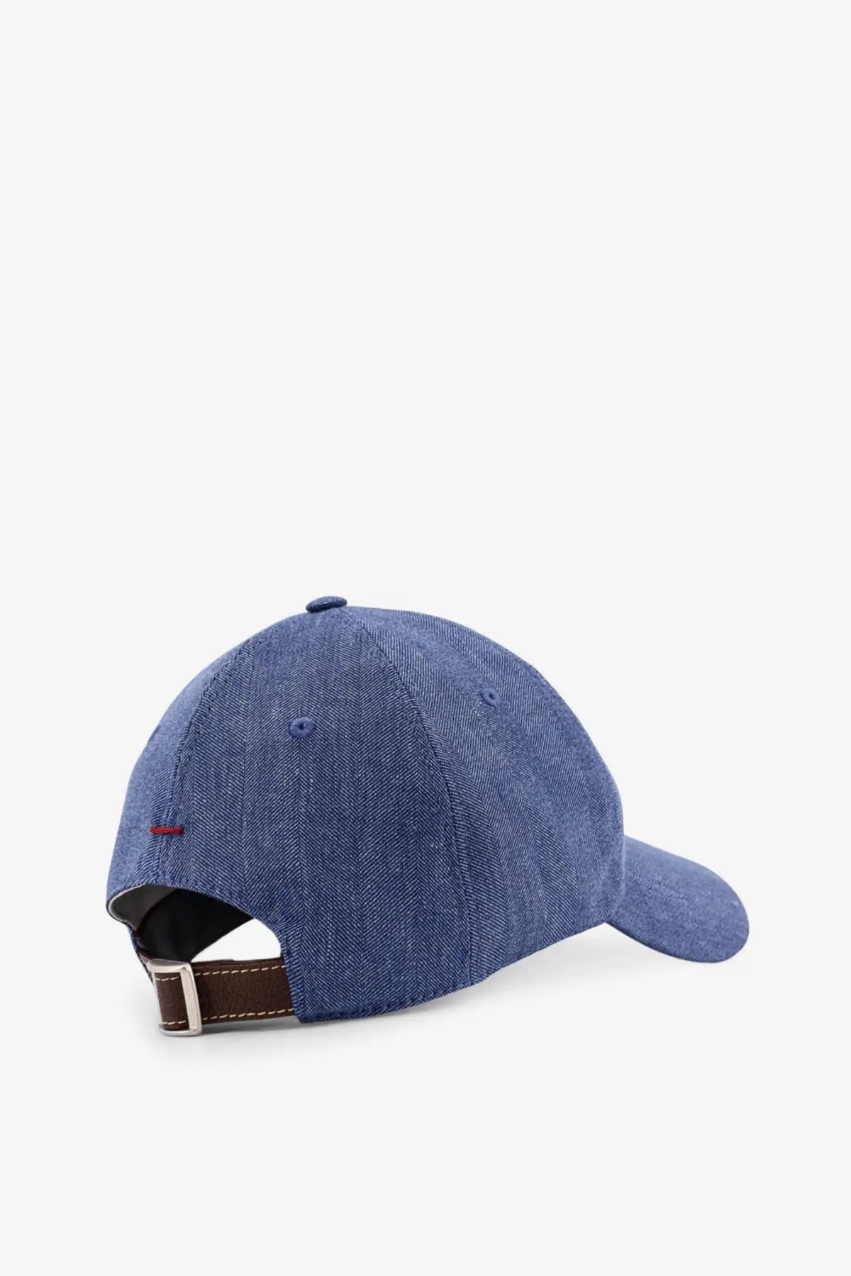 Blue denim baseball cap with brown leather strap and silver buckle by brunello cucinelli men’s linen and wool blend hat
