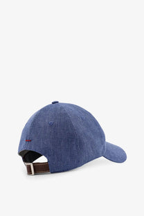 Blue denim baseball cap with brown leather strap and silver buckle by brunello cucinelli men’s linen and wool blend hat