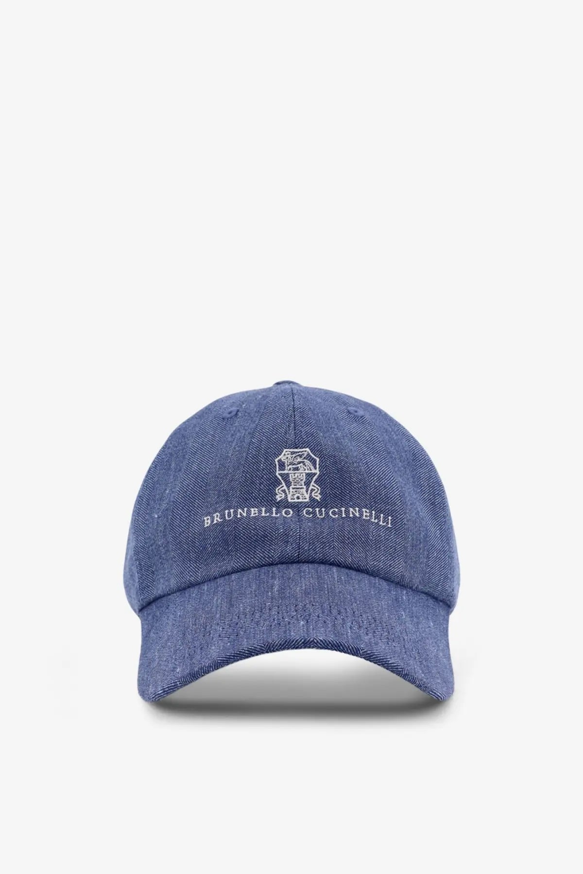 Blue denim baseball cap with white embroidered logo by brunello cucinelli made of linen and virgin wool blend