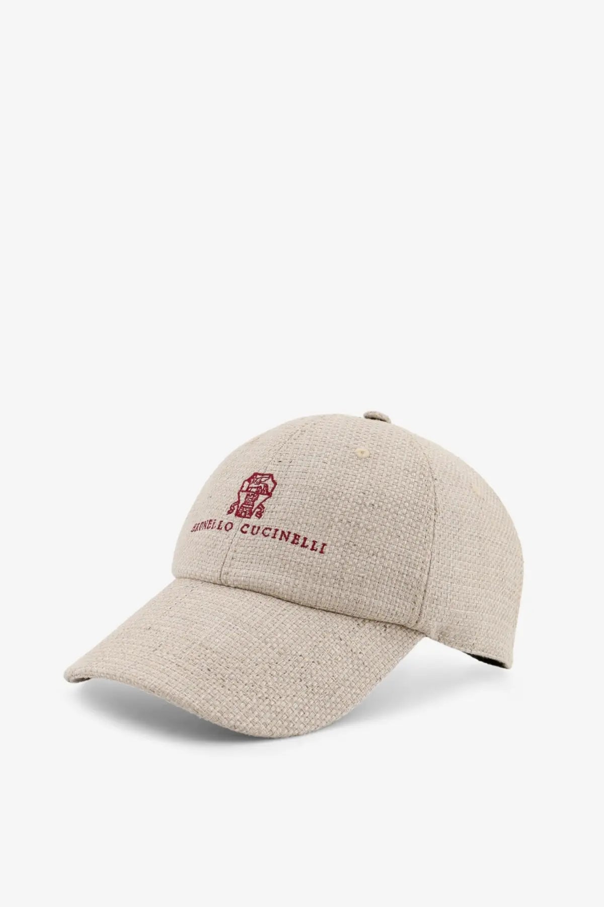 Beige textured linen and wool baseball cap with red embroidered Brunello Cucinelli logo and brand name