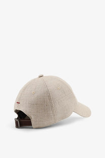Beige textured linen and wool baseball cap by brunello cucinelli with brown leather strap and red embroidered logo