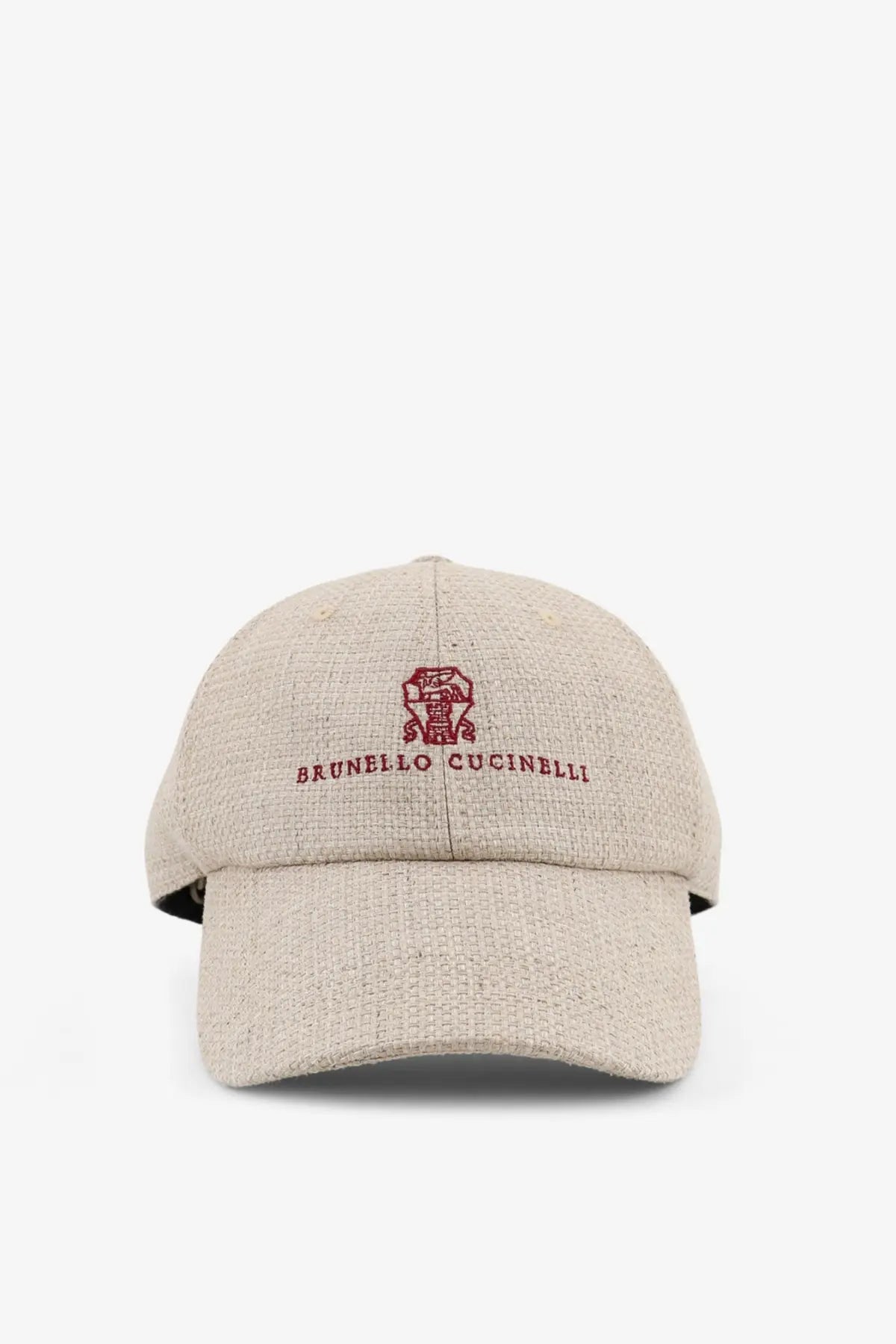 Beige textured linen and wool baseball cap with red embroidered brunello cucinelli logo and brand name for men