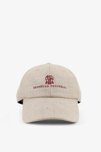 Beige textured linen and wool baseball cap with red embroidered brunello cucinelli logo and brand name for men