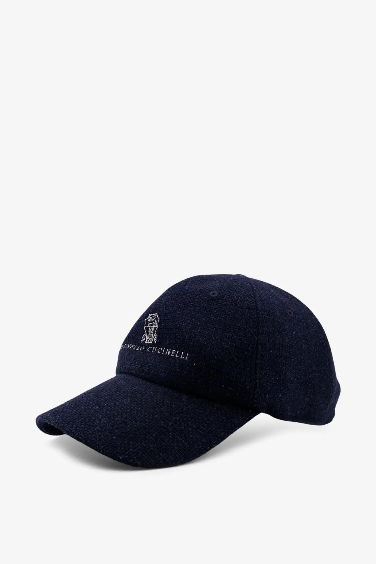 Dark blue wool blend baseball cap with embroidered logo and brand name by Brunello Cucinelli for men