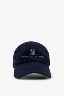Dark blue linen and wool baseball cap with white embroidered logo and brand name by brunello cucinelli