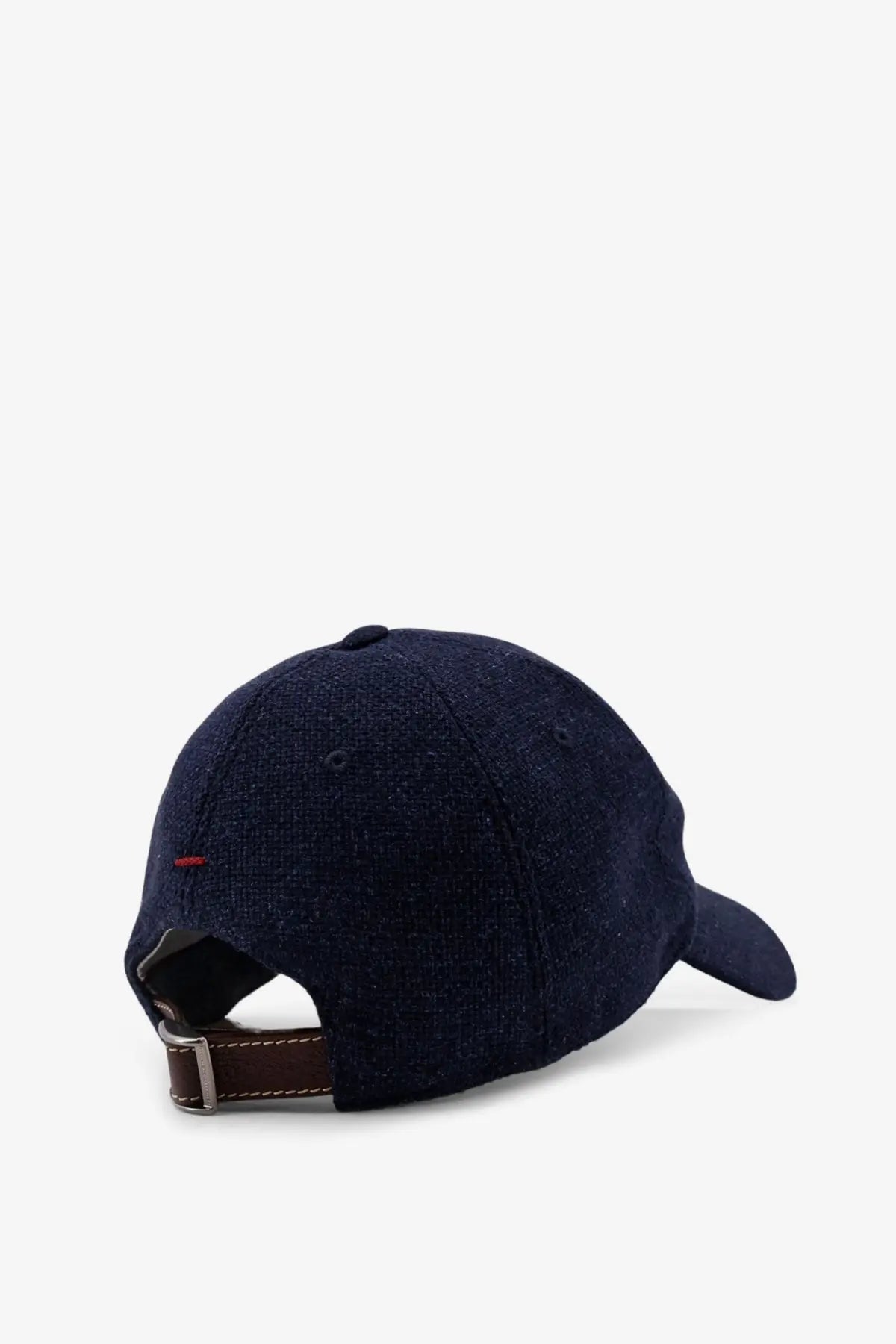 Brunello Cucinelli men’s linen and wool baseball cap in dark blue with brown leather strap and silver buckle closure