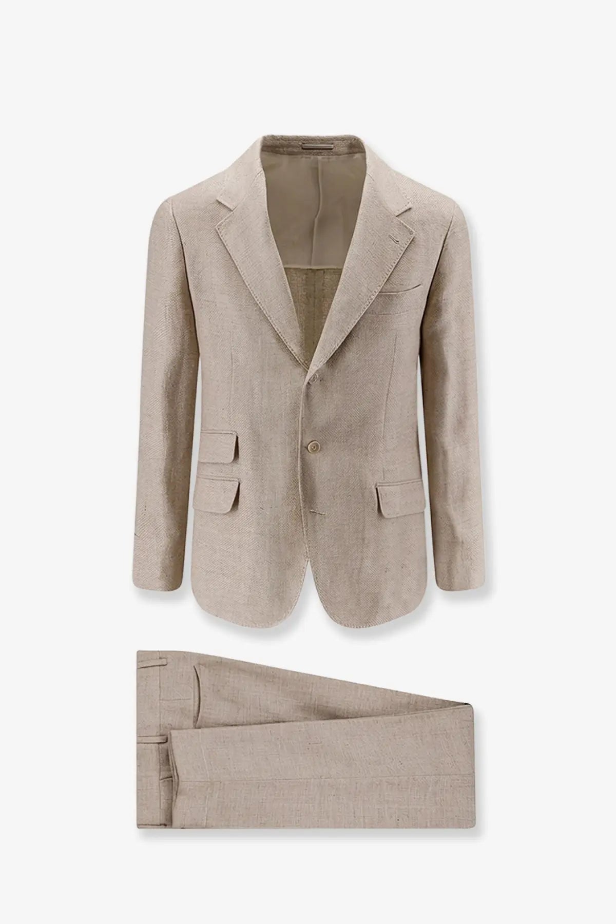 Beige linen and wool suit featuring a linen blend textured suit jacket and matching trousers by Brunello Cucinelli