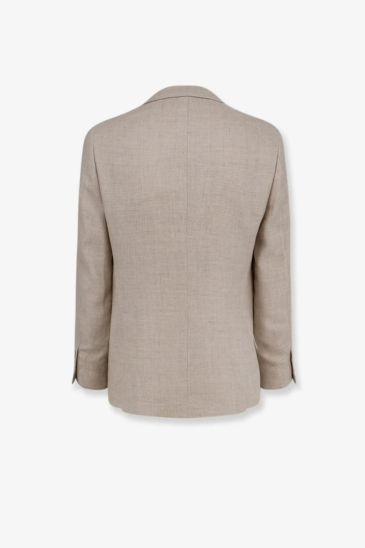 Beige textured linen blazer with classic tailored fit and subtle vertical seam detail from Brunello Cucinelli men’s linen and wool suit