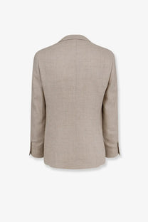Beige textured linen blazer with classic tailored fit and subtle vertical seam detail from Brunello Cucinelli men’s linen and wool suit