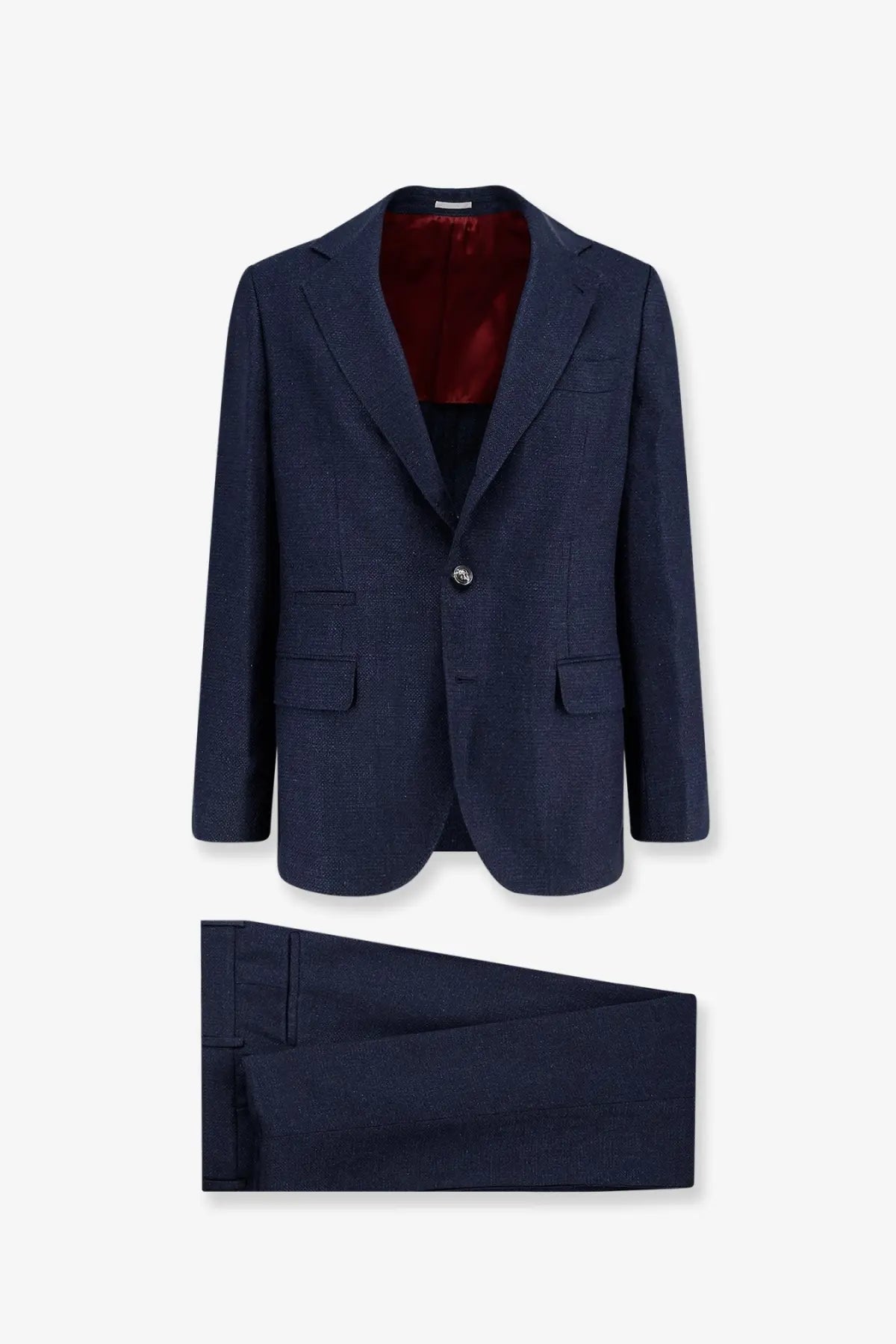 Brunello Cucinelli men’s navy blue linen and wool suit with textured fabric and rich red velvet lining