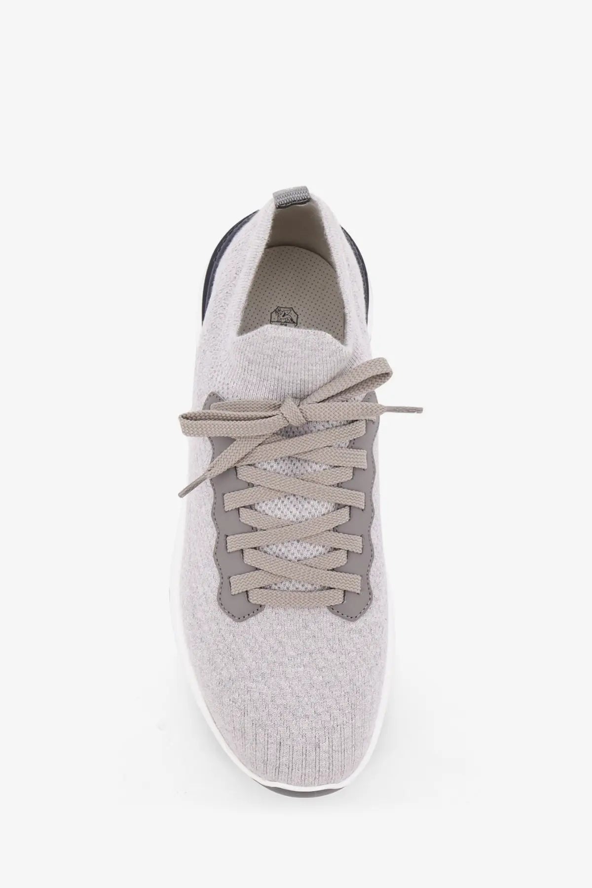 Brunello Cucinelli men’s low top sneaker in light gray cotton knit and leather with matching laces and white sole