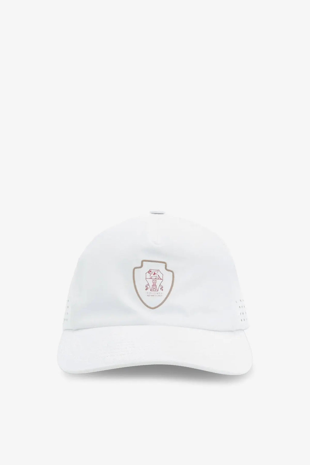 Brunello Cucinelli men’s white nylon baseball cap with shield-shaped embroidered logo in pink and beige details