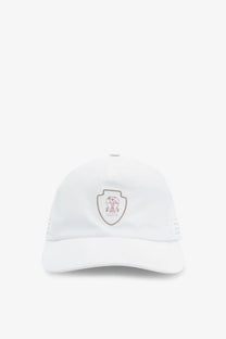 Brunello Cucinelli men’s white nylon baseball cap with shield-shaped embroidered logo in pink and beige details