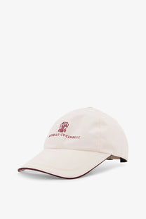 Cream-colored brunello cucinelli men’s nylon baseball cap with maroon embroidered logo and matching brim trim