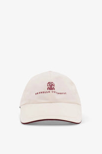 Cream-colored Brunello Cucinelli men’s nylon baseball cap with red embroidered logo and brand name on front