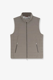 Brunello Cucinelli men’s green padded sleeveless jacket with quilted design high collar and front zipper closure
