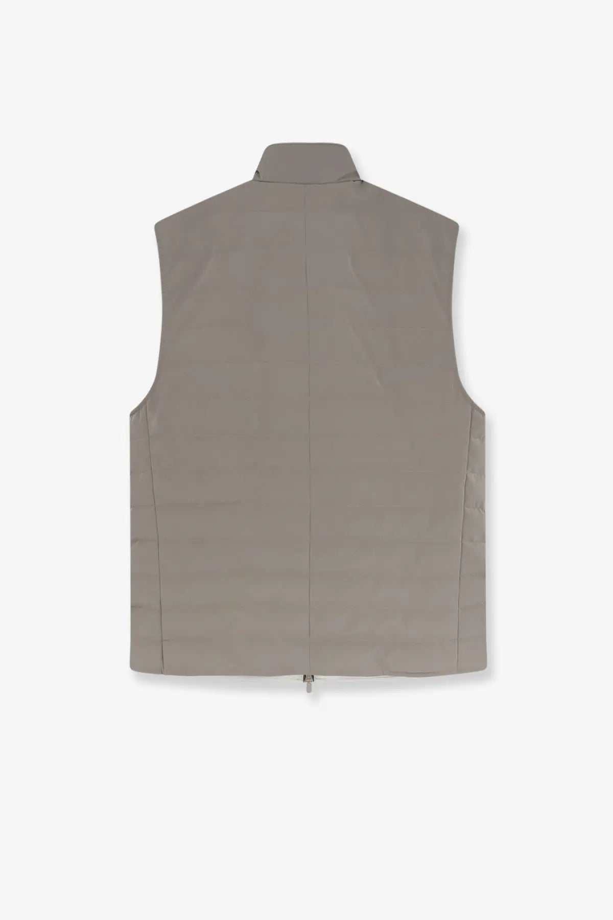Brunello cucinelli men’s green padded sleeveless jacket with sleek taupe vest minimalist vertical seam detailing