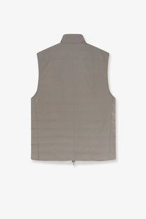 Brunello cucinelli men’s green padded sleeveless jacket with sleek taupe vest minimalist vertical seam detailing