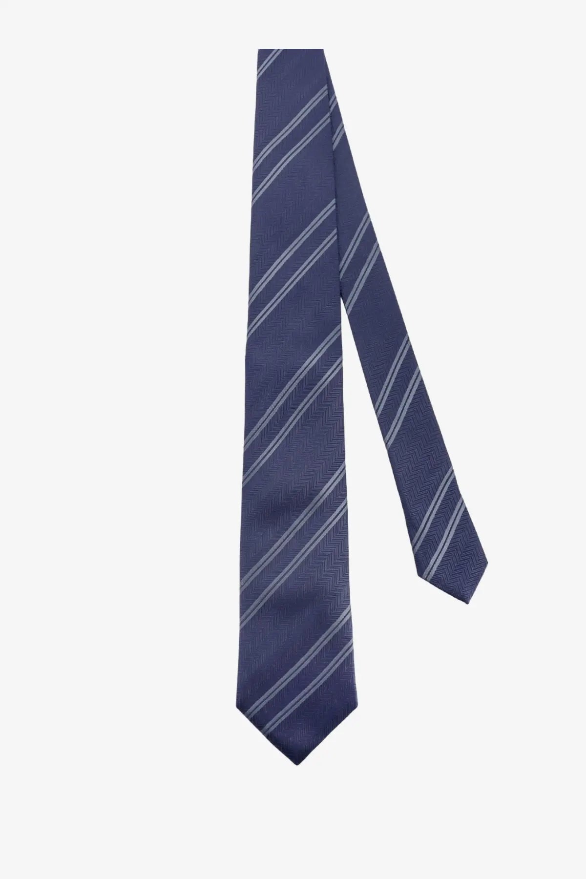Brunello Cucinelli men’s navy blue silk tie with subtle silver diagonal stripes and herringbone texture