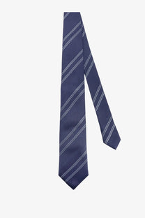 Brunello Cucinelli men’s regimental motif silk tie in navy blue with subtle silver stripes and herringbone texture