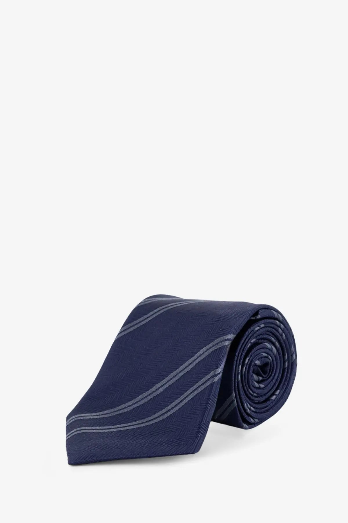 Brunello Cucinelli men’s regimental motif silk tie in navy blue with subtle silver diagonal stripes