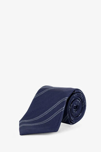 Brunello Cucinelli men’s regimental motif silk tie in navy blue with subtle silver diagonal stripes