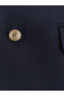 Gold-toned circular button with embossed design and beaded edge on brunello cucinelli mens silk linen blue blazer
