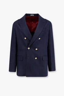 Brunello Cucinelli men’s navy blue double-breasted silk and linen blazer with gold buttons and red satin lining