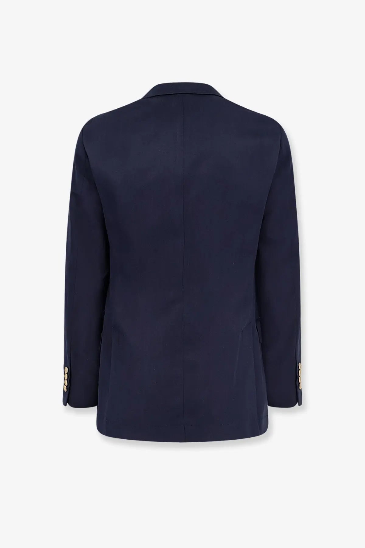 Brunello Cucinelli men’s navy blue silk and linen blazer with gold tone button details on cuffs