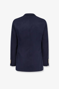 Brunello Cucinelli men’s navy blue silk and linen blazer with gold tone button details on cuffs