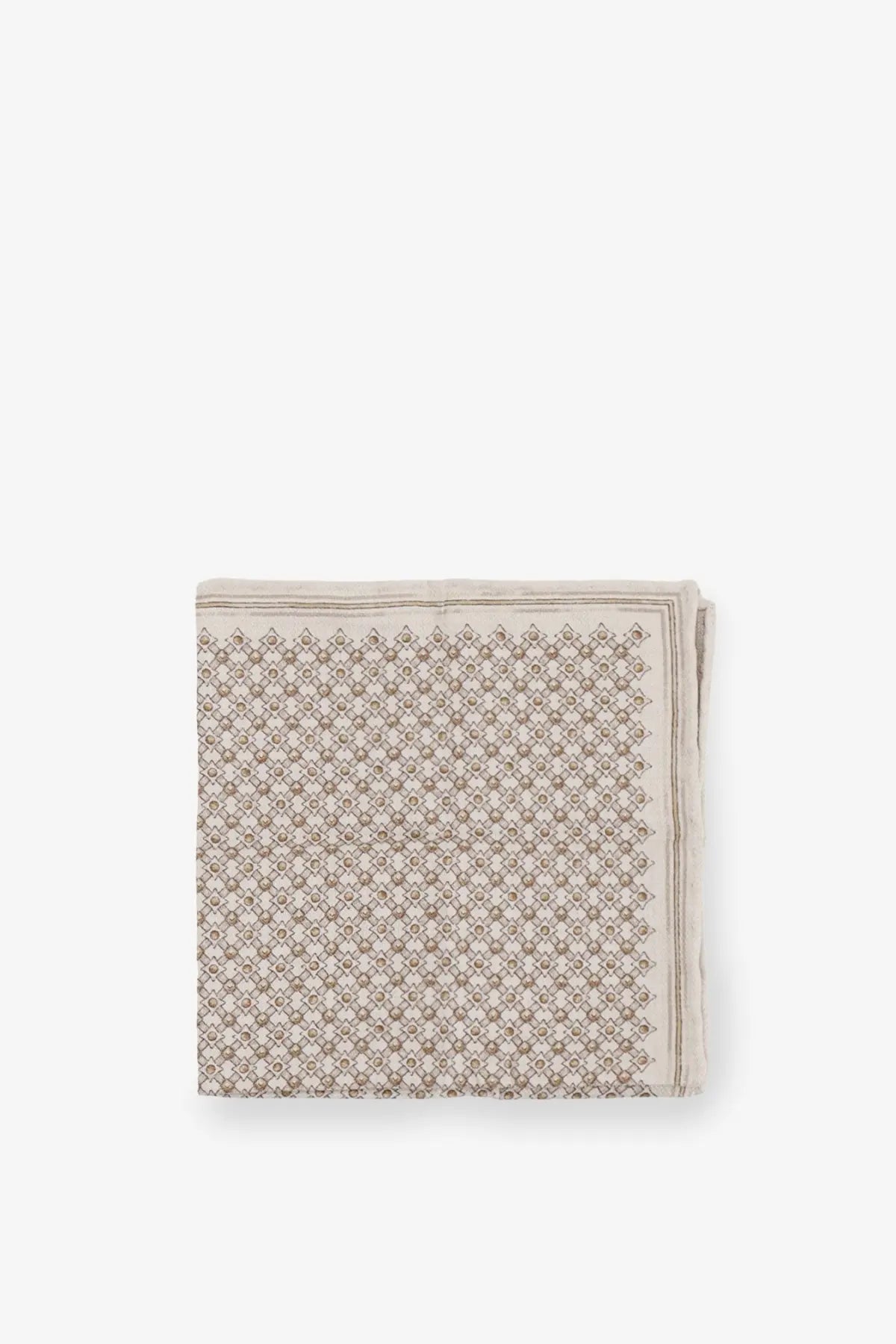 Brunello Cucinelli men’s silk beige pocket square with a subtle gray geometric pattern neatly folded