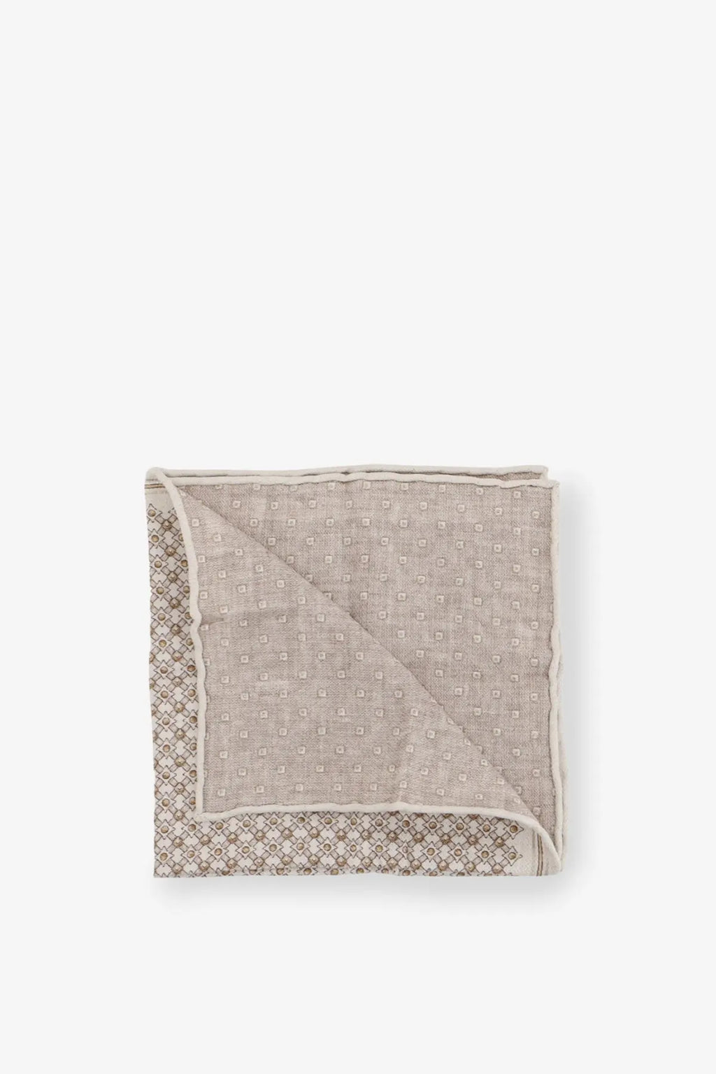 Brunello Cucinelli men’s silk pocket square beige with subtle geometric pattern and dark gray contrasting border neatly folded