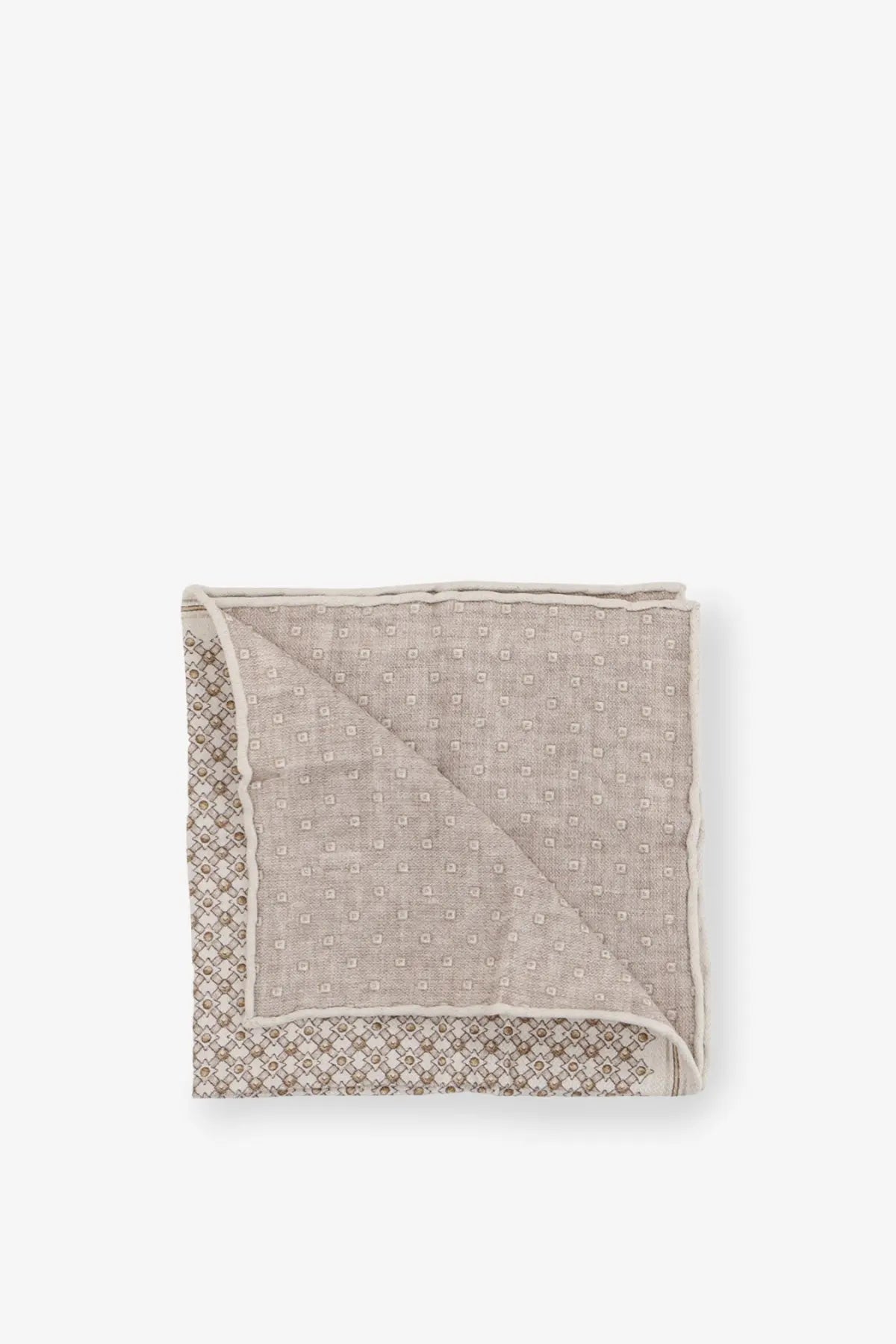 Brunello Cucinelli men’s silk pocket square beige with subtle geometric pattern and dark gray contrasting border neatly folded
