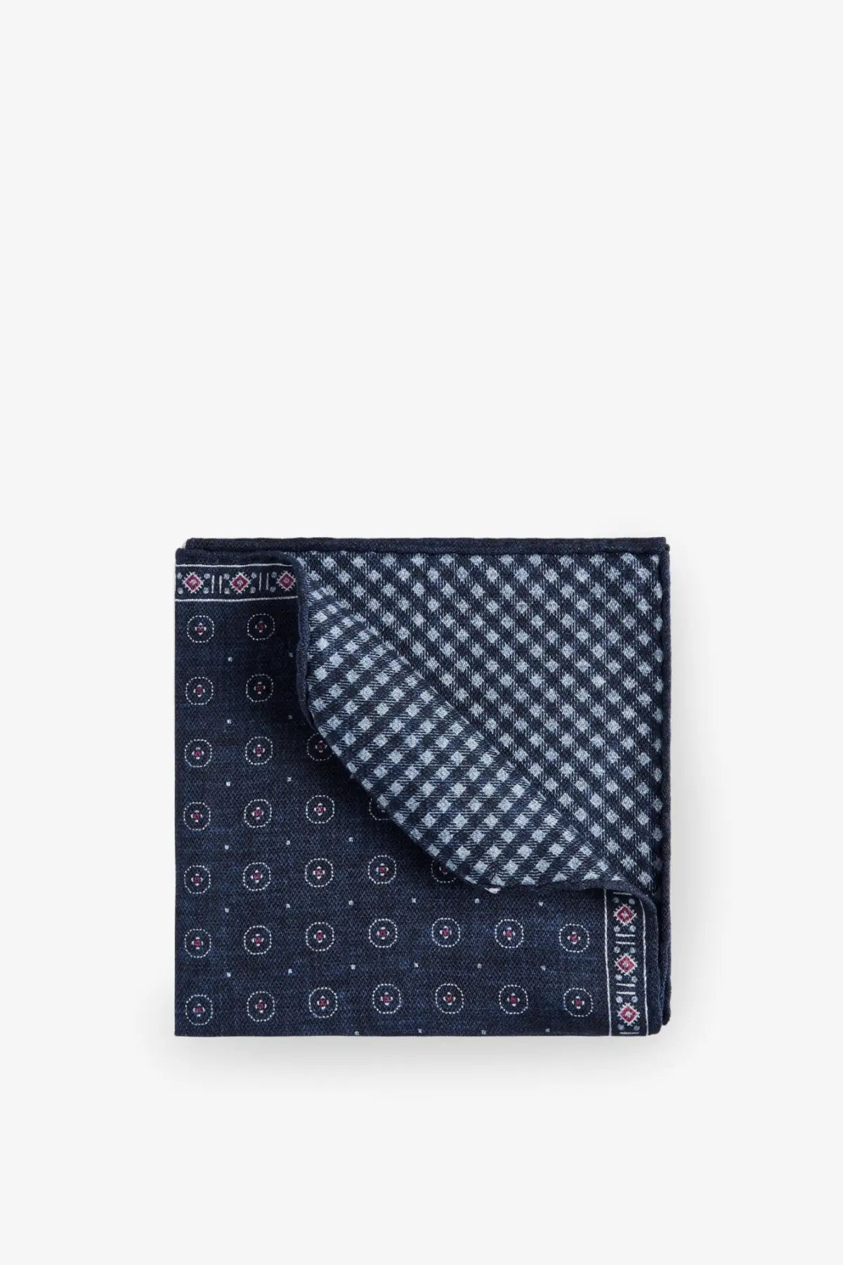 Brunello Cucinelli men’s silk pocket square in navy blue with subtle circular dots and light gray checkered lining