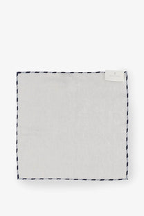 Brunello Cucinelli men’s white silk pocket square with subtle texture and black and white zigzag border