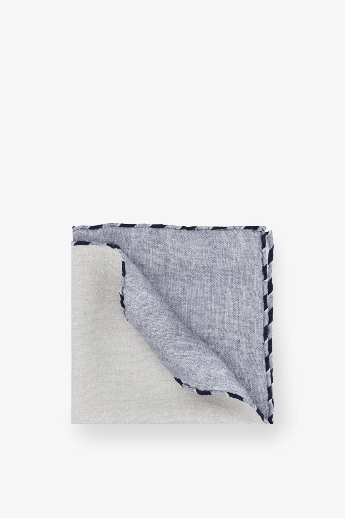 Brunello Cucinelli men’s silk pocket panama neatly folded light gray linen pocket square with black and white zigzag border