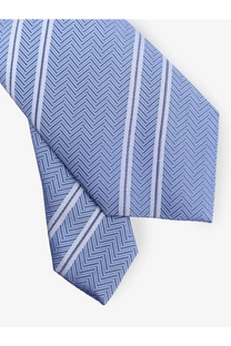 Brunello Cucinelli men’s silk tie in light blue with subtle herringbone pattern and thin white and dark blue stripes