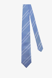 Brunello Cucinelli men’s silk tie in light blue with subtle herringbone pattern and diagonal stripes