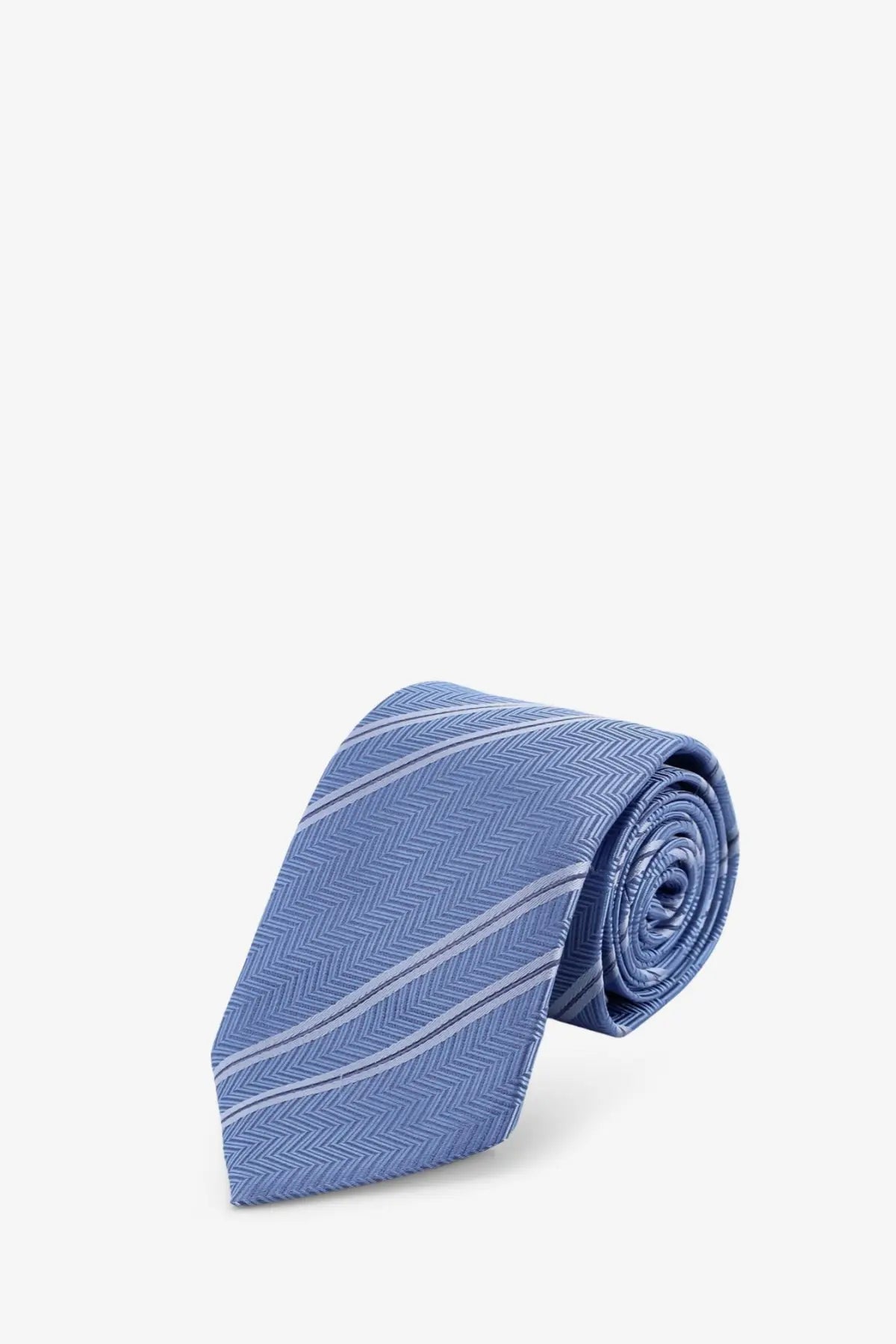 Brunello cucinelli men’s silk tie blue with a light blue herringbone pattern and thin white diagonal stripes