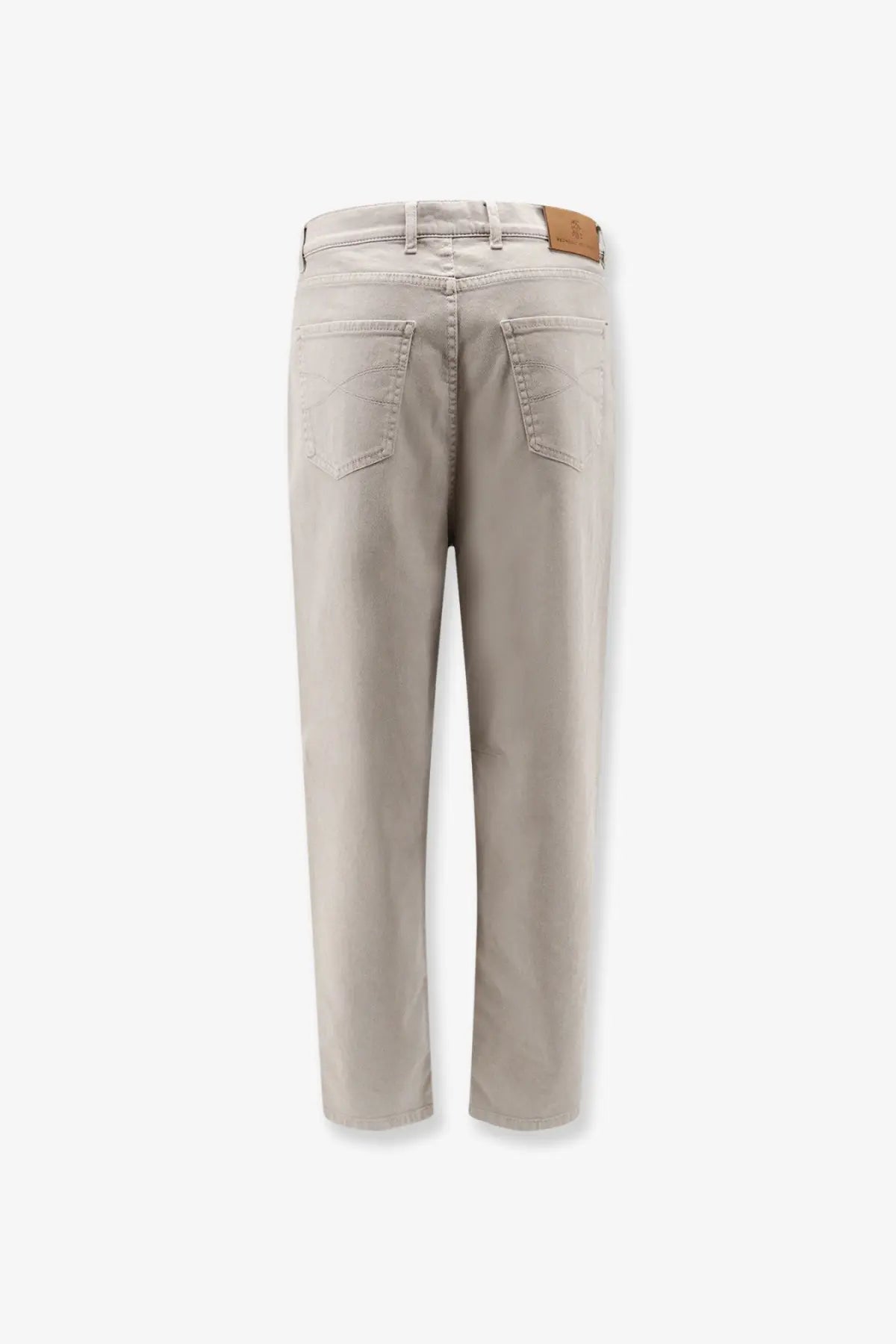Back side of brunello cucinelli men’s stretch canvas beige trousers with classic pocket and brown leather patch