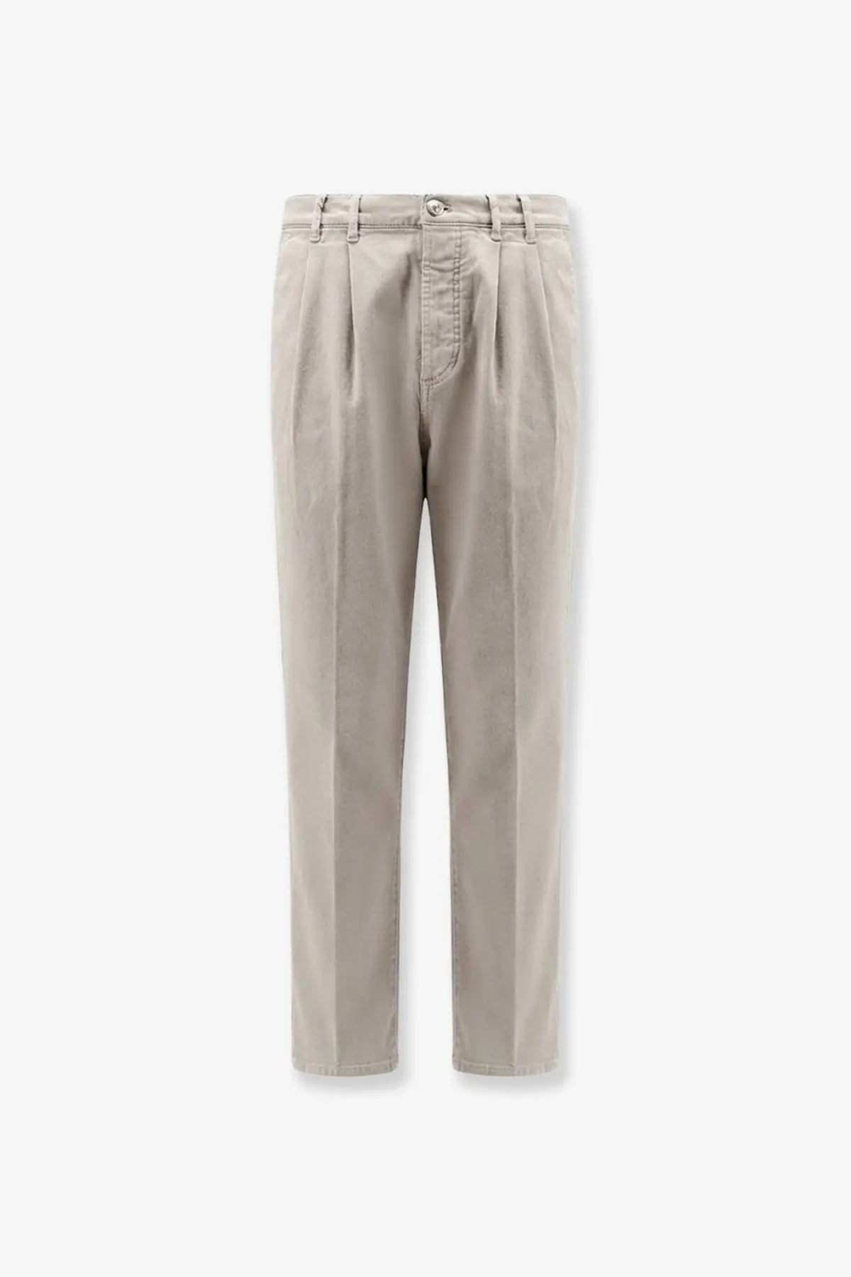 Beige pleated brunello cucinelli men’s stretch canvas chino trousers with classic straight-leg cut and button closure