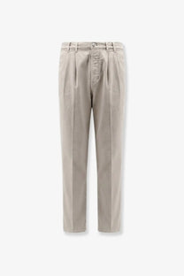 Beige pleated brunello cucinelli men’s stretch canvas chino trousers with classic straight-leg cut and button closure
