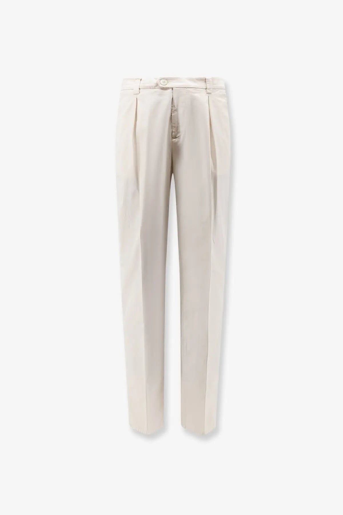 Brunello Cucinelli men’s cream-colored stretch cotton trousers with tailored fit and subtle pleated stitching details