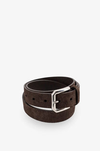 Brunello Cucinelli men’s suede belt africa in brown with a silver-toned rectangular buckle